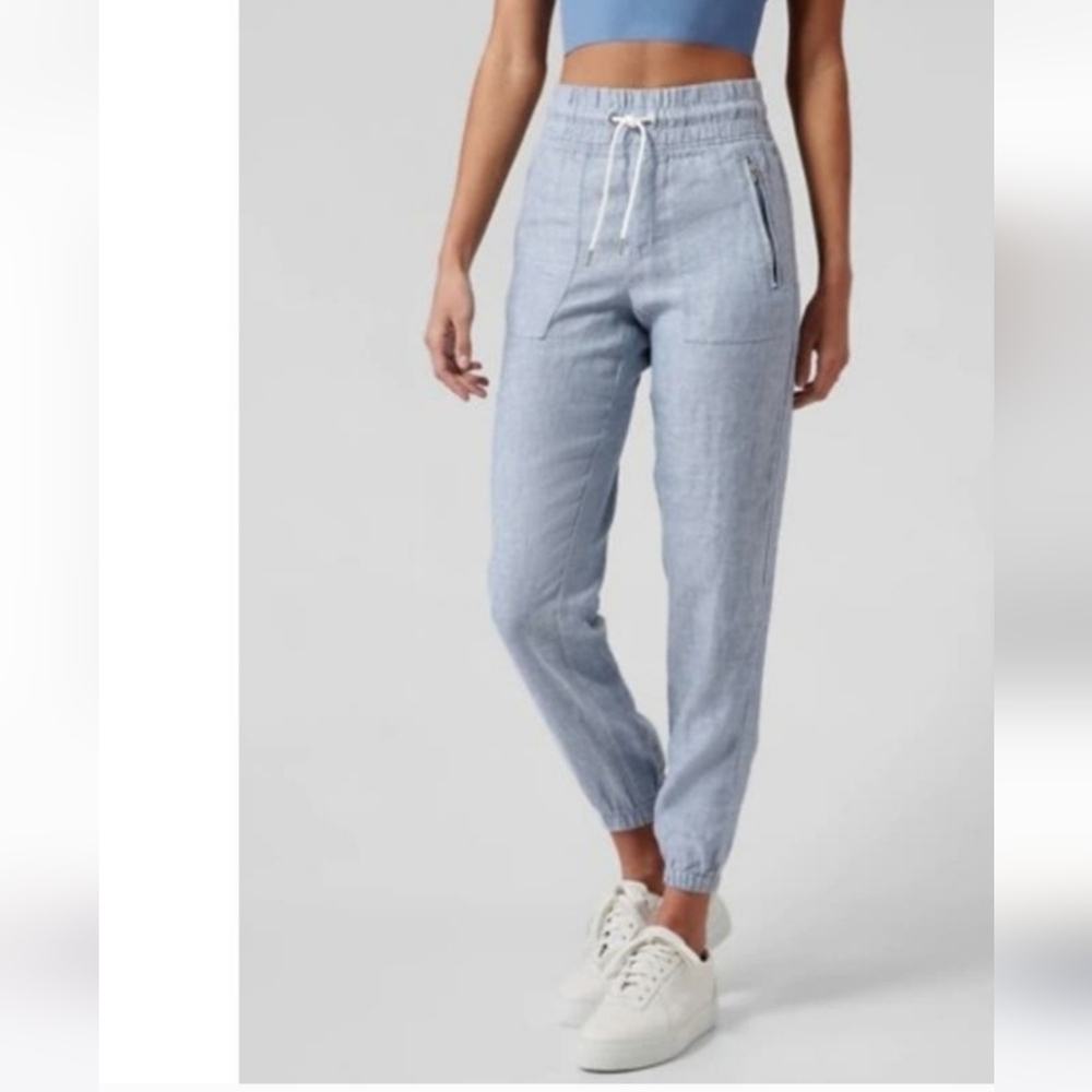 Athleta Cabo Linen Jogger Pants 12 Elastic Waist Drawstring Blue Chambray
